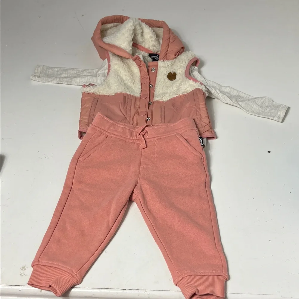 Eddie Bauer 12 Month 3 Piece Outfit Jogger with Vest and Long Sleeve T Pink